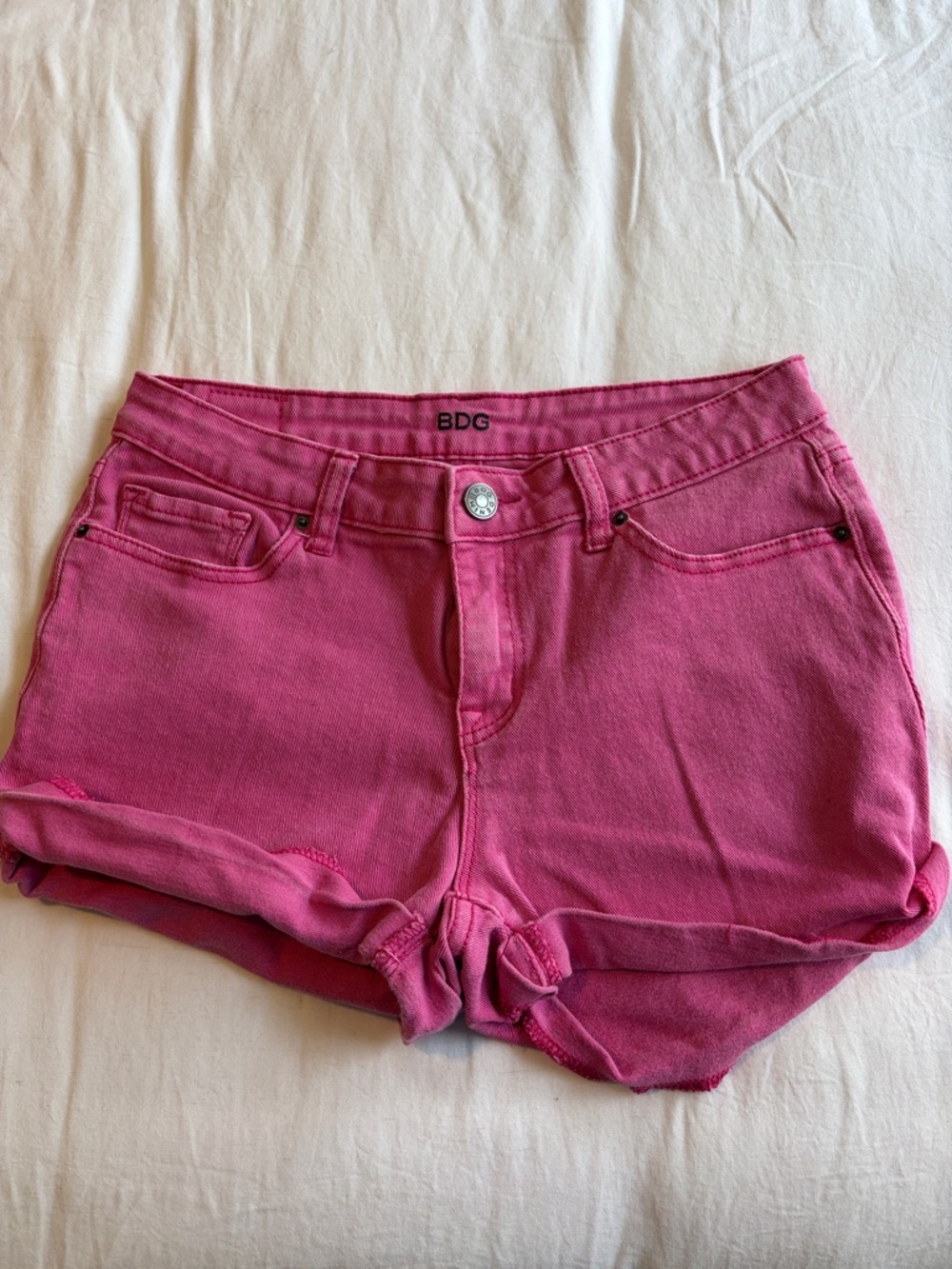 BDG Hot Pink Rolled-Hem Denim Shorts